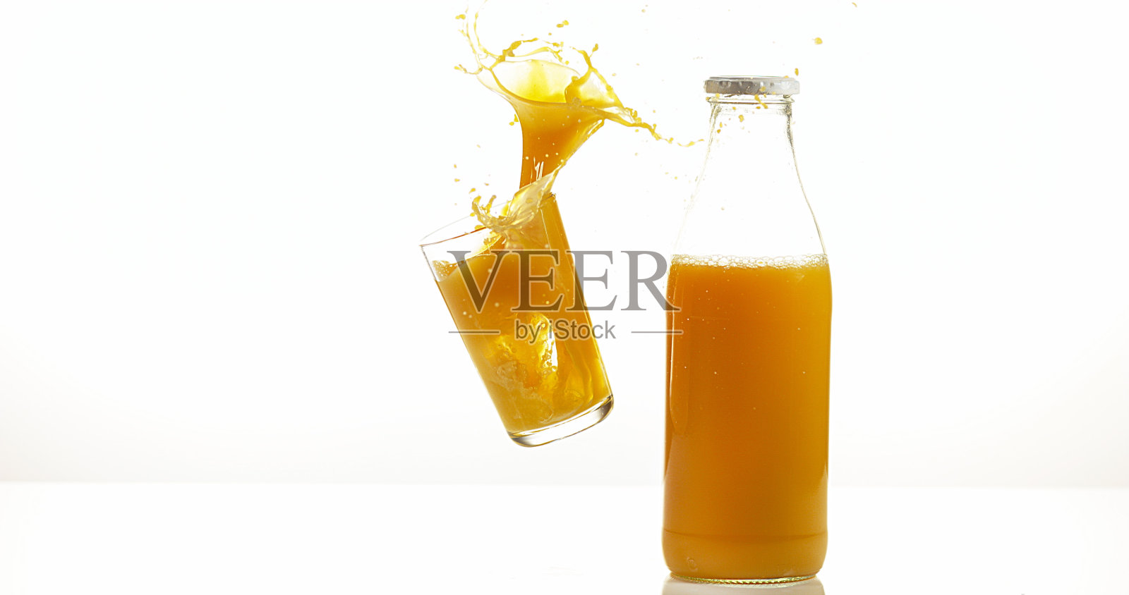 白色背景下的橙色玻璃和瓶子照片摄影图片