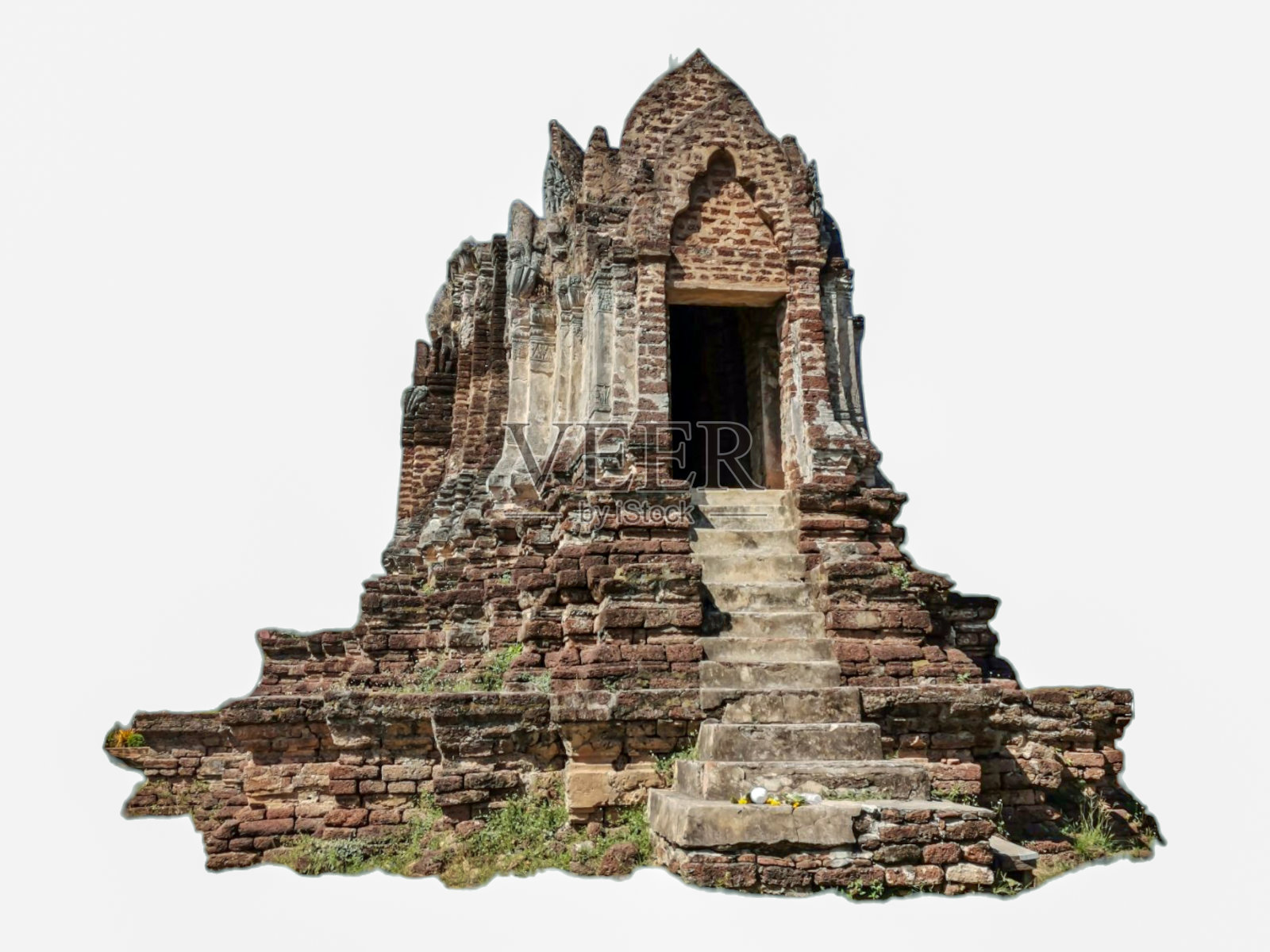 白色背景上孤立的老砖城堡。照片摄影图片