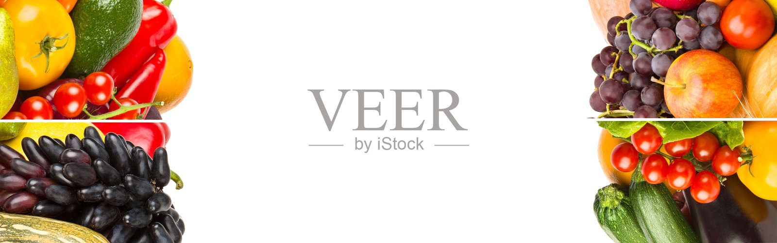 集水果和蔬菜孤立于白色之上。宽的照片。文本的自由空间。拼贴画。照片摄影图片