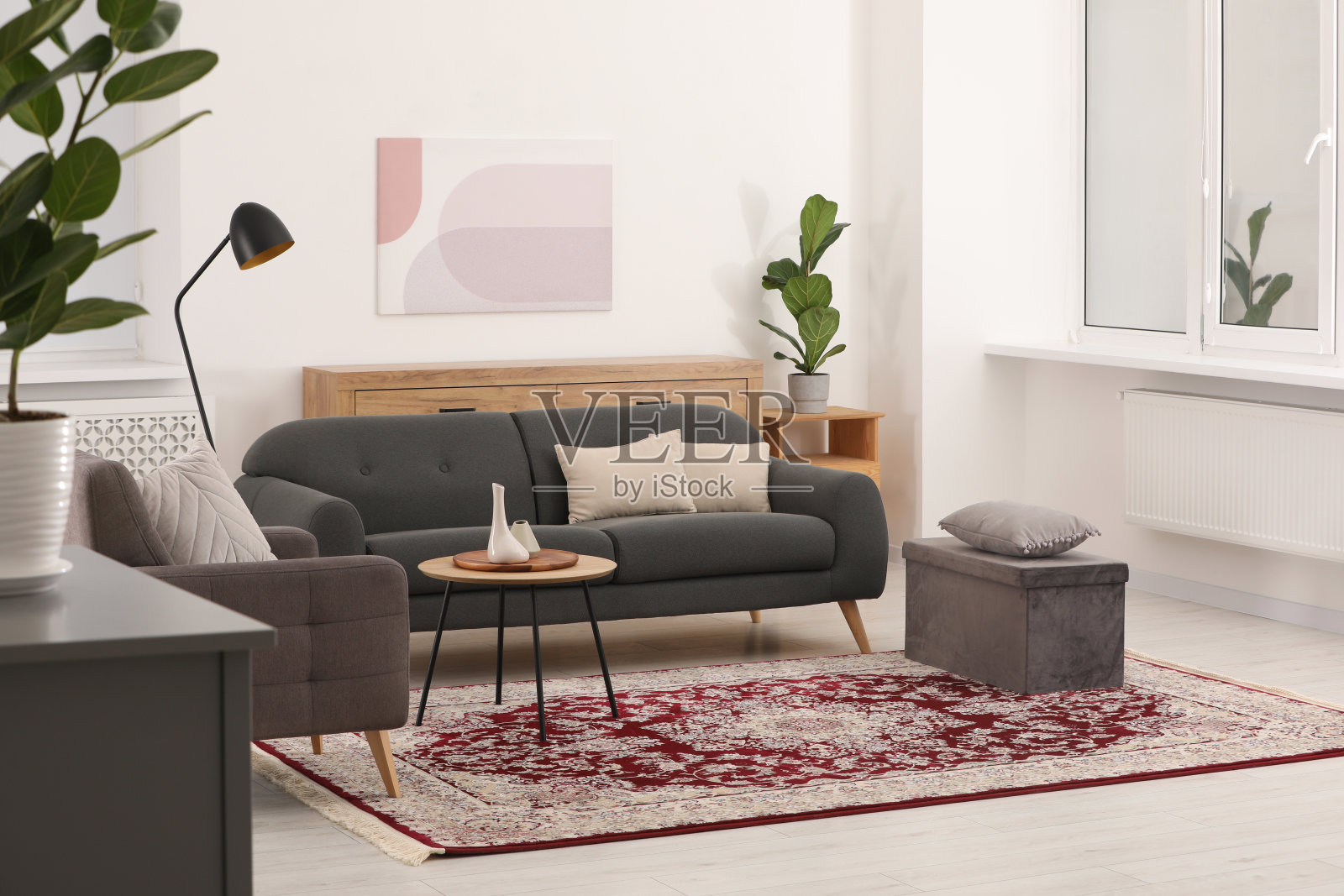 舒适的室内，时尚的家具和柔软的地毯，美丽的图案照片摄影图片