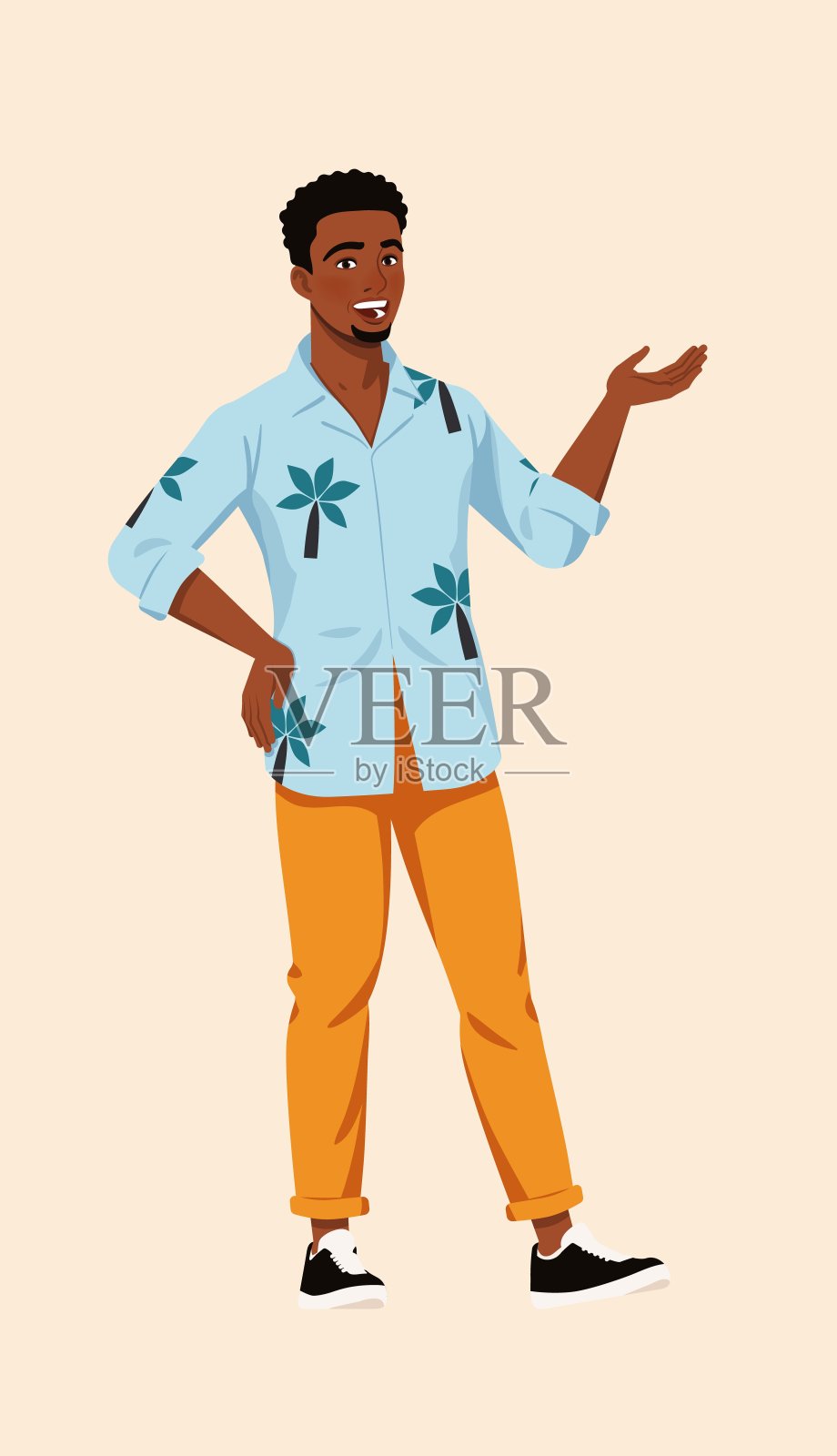 身穿夏威夷夏季衬衫的非裔美国人摆出说话姿势插画图片素材