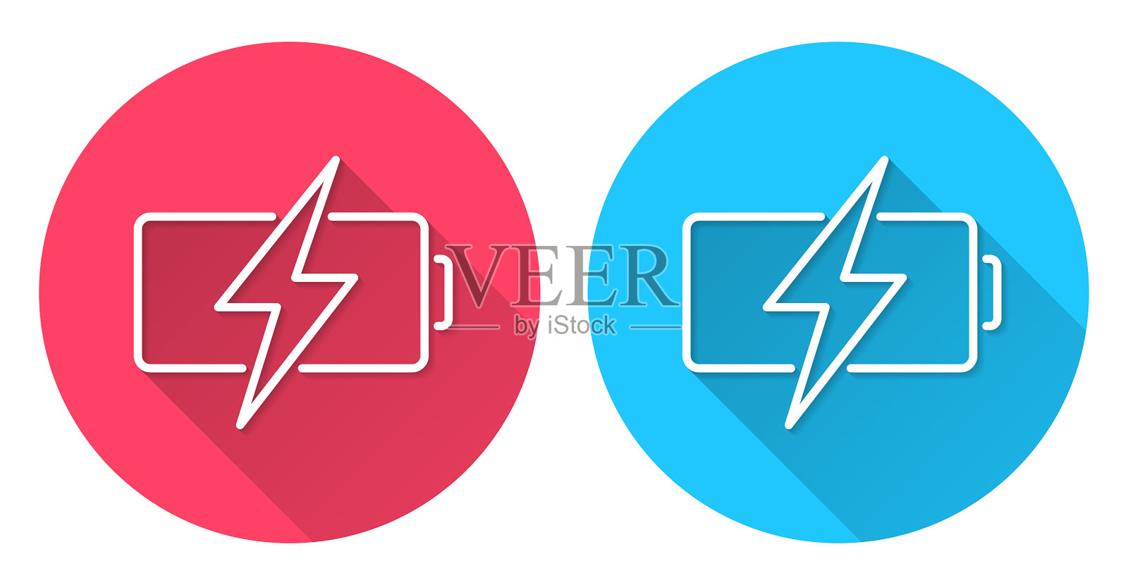 电池充电。圆形图标与长阴影在红色或蓝色的背景插画图片素材