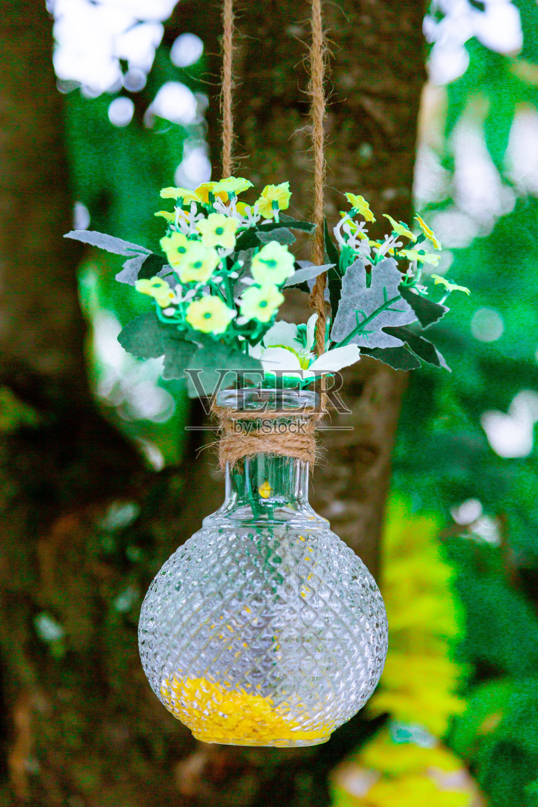 用玻璃盆和花装饰花园照片摄影图片