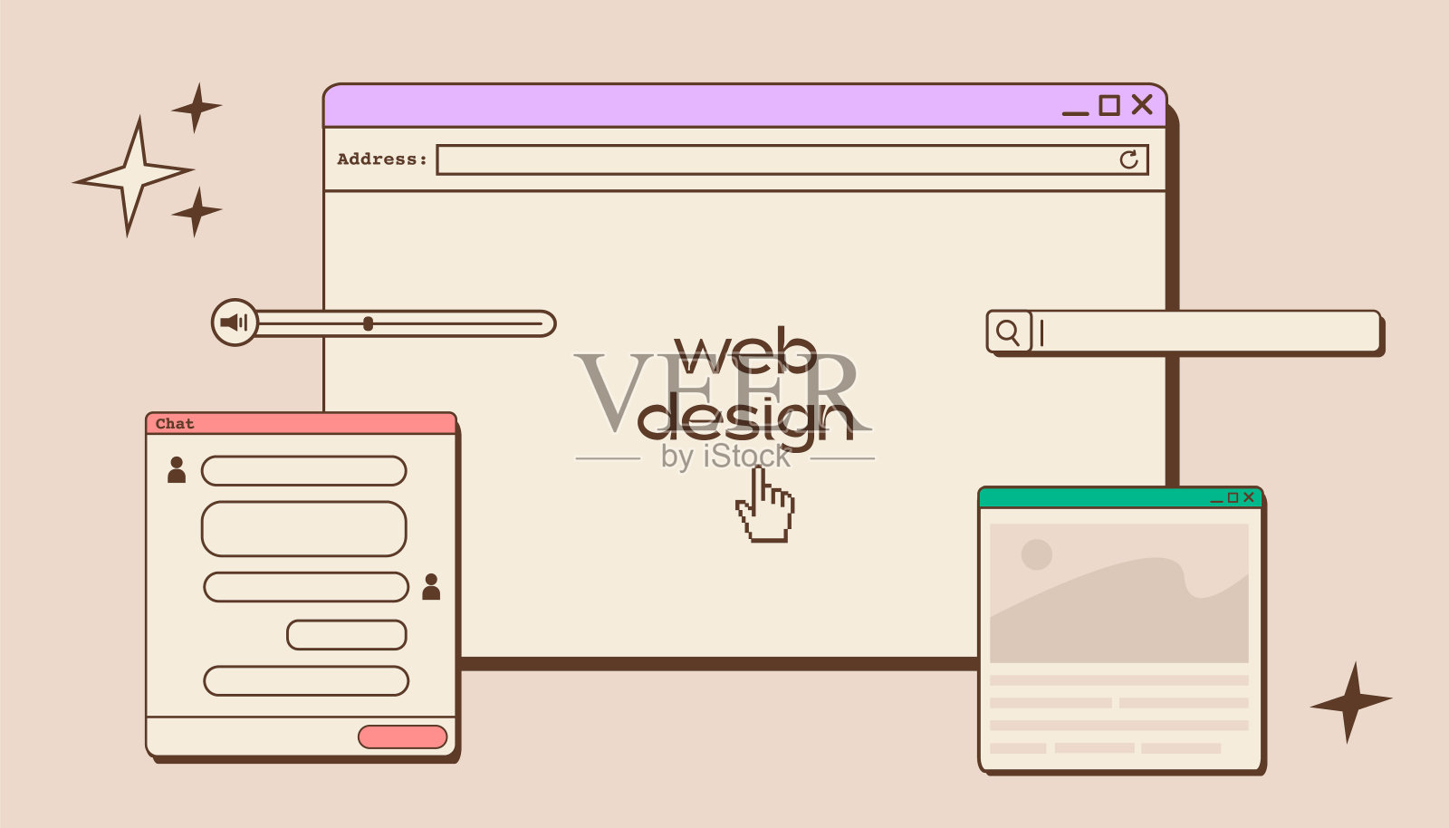 Web UI UX设计。网页设计概念横幅复古风格。工作室原型或编码网页或移动应用程序。在线应用程序设计，编码，编程和网页建设。矢量插图。插画图片素材