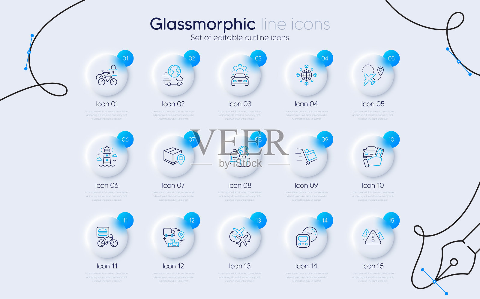 一套行李，物流网络和包裹跟踪线图标的web应用程序。象形符号图标。向量插画图片素材