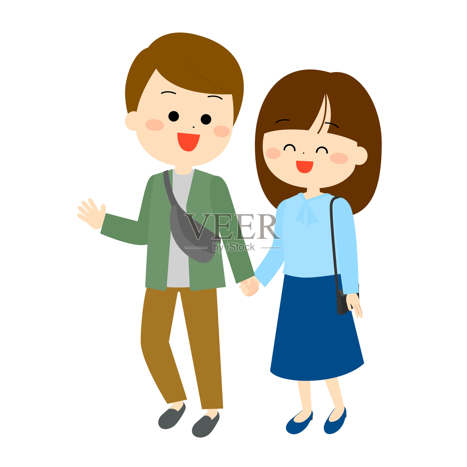 年轻男女手牵着手走着插画图片素材