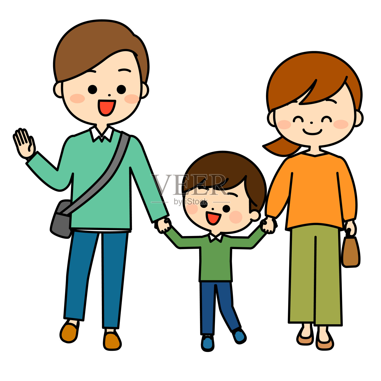 一家人手牵着手边走边聊插画图片素材