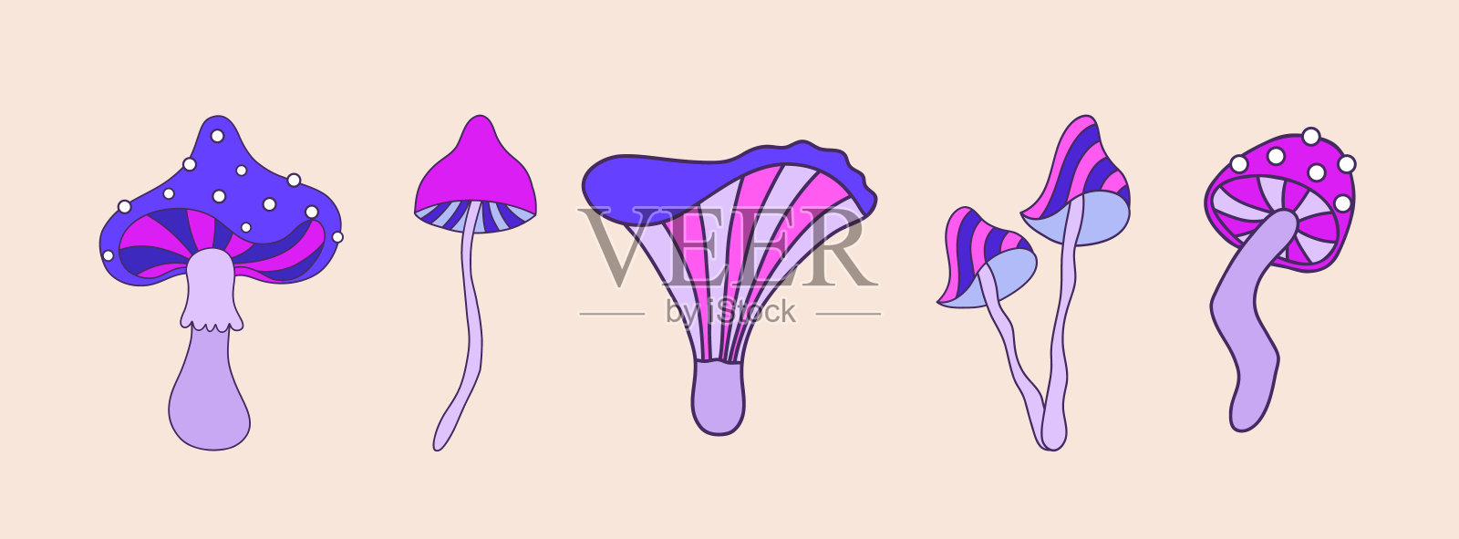 Groovy蘑菇。抽象的复古元素。嬉皮士矢量插图平面卡通风格。迷幻的时髦真菌。插画图片素材