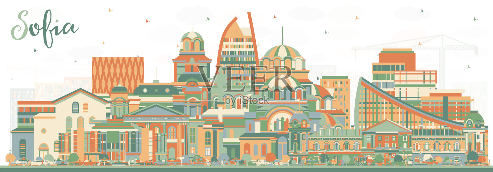 索菲亚保加利亚城市天际线与彩色建筑。索菲亚城市景观与地标。插画图片素材