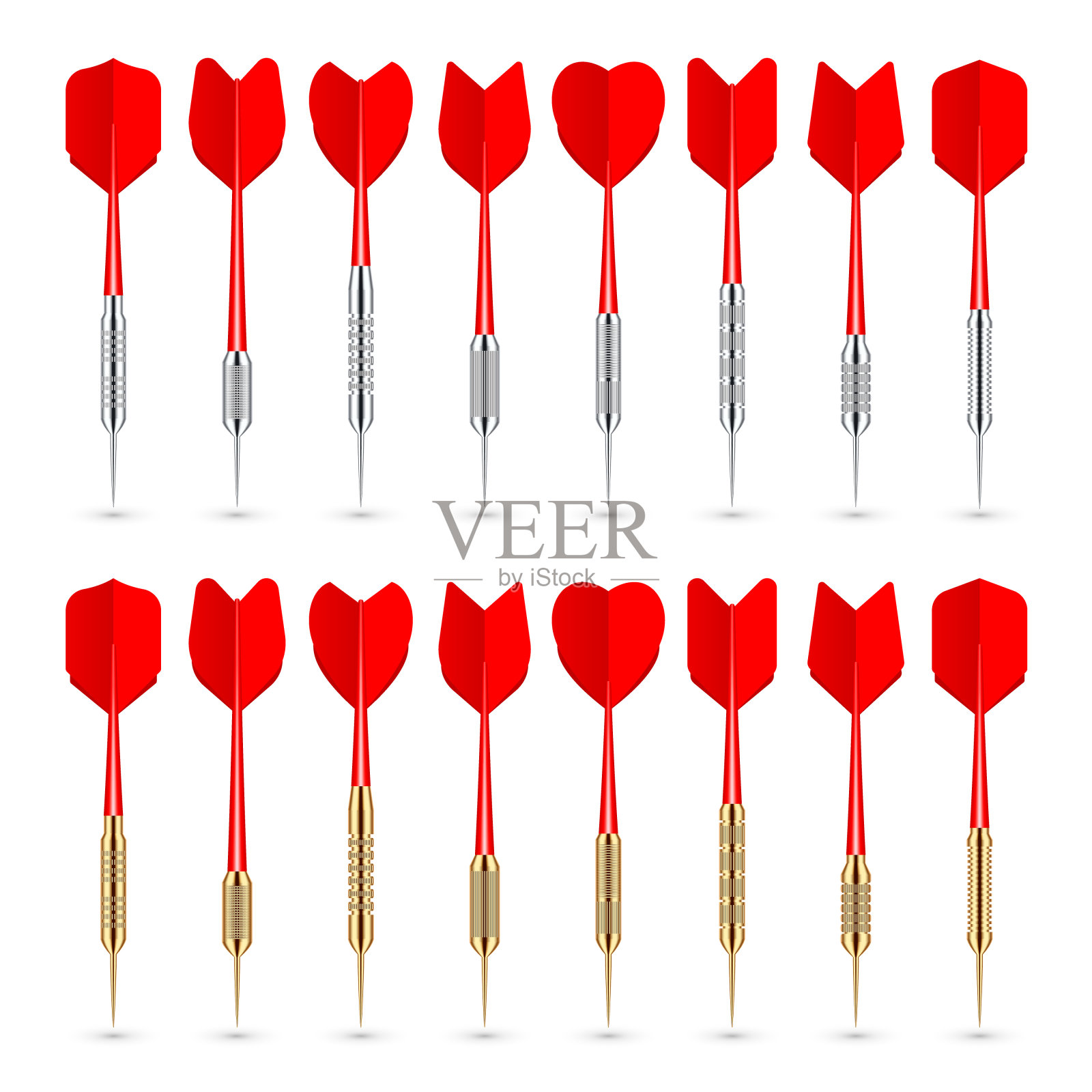 带有金属尖端和阴影的红色箭矢。投掷飞镖运动游戏，飞镖器材。矢量图插画图片素材