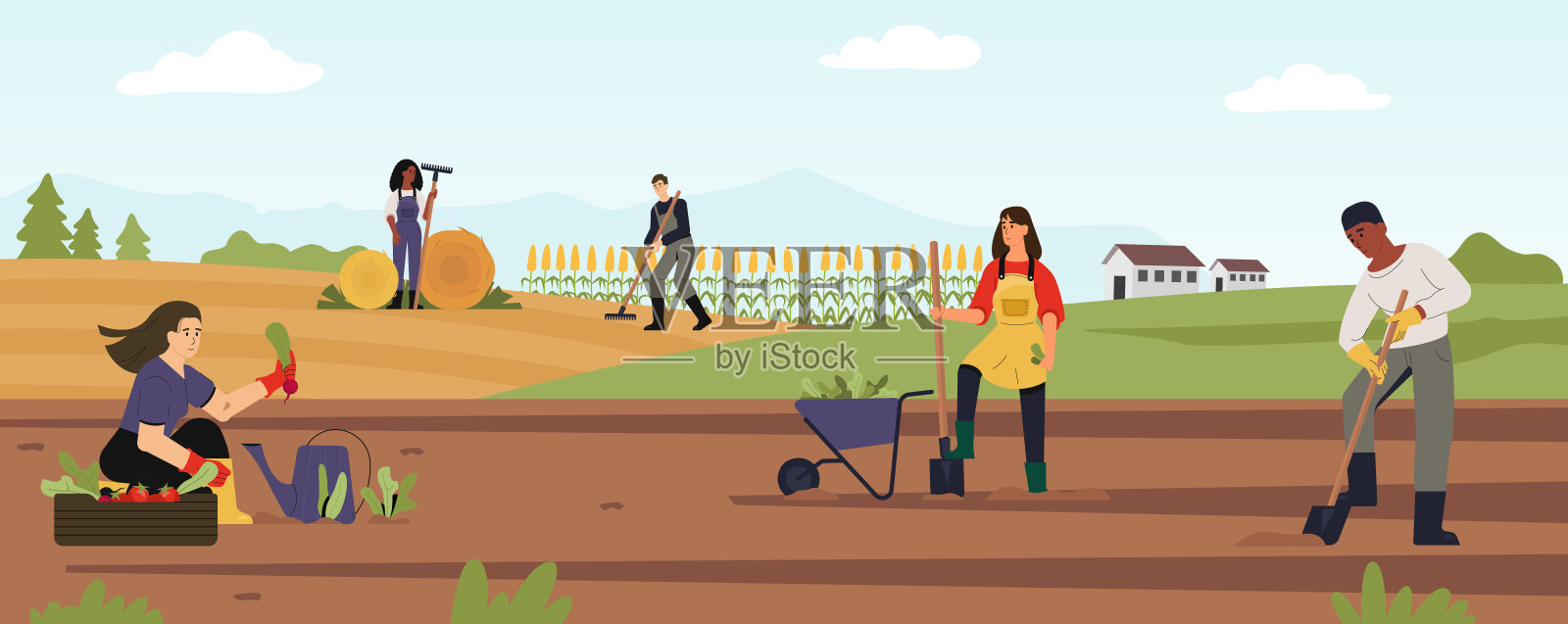 农业工人在农场造景，收割庄稼插画图片素材