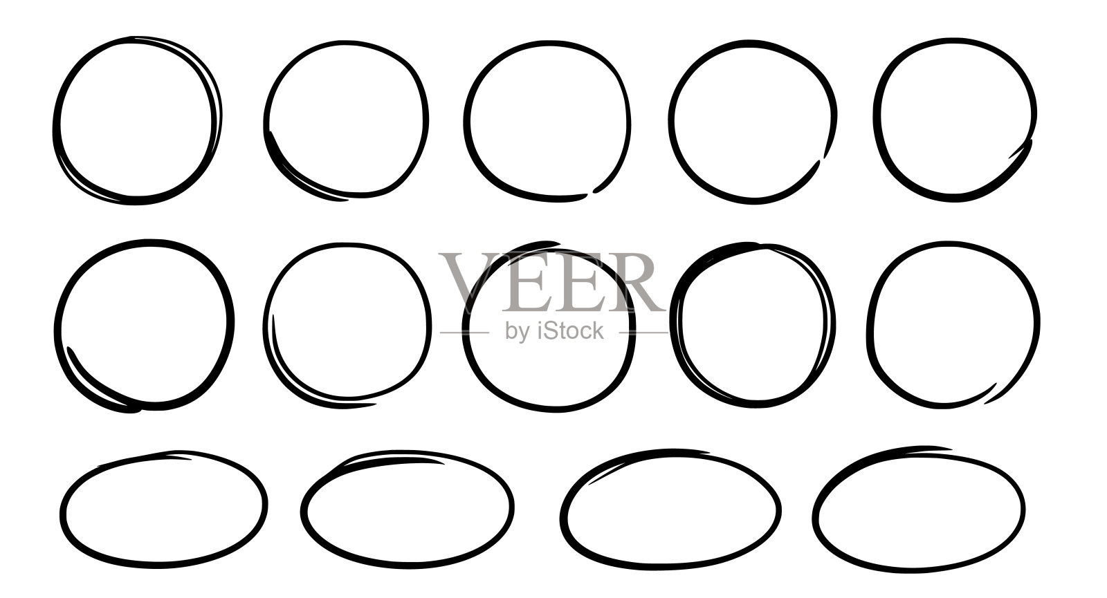 手绘涂鸦椭圆形集。手绘记号笔，笔画线条椭圆框架。涂写圆形框架文本高亮。垃圾刮刮风格集。向量插画图片素材