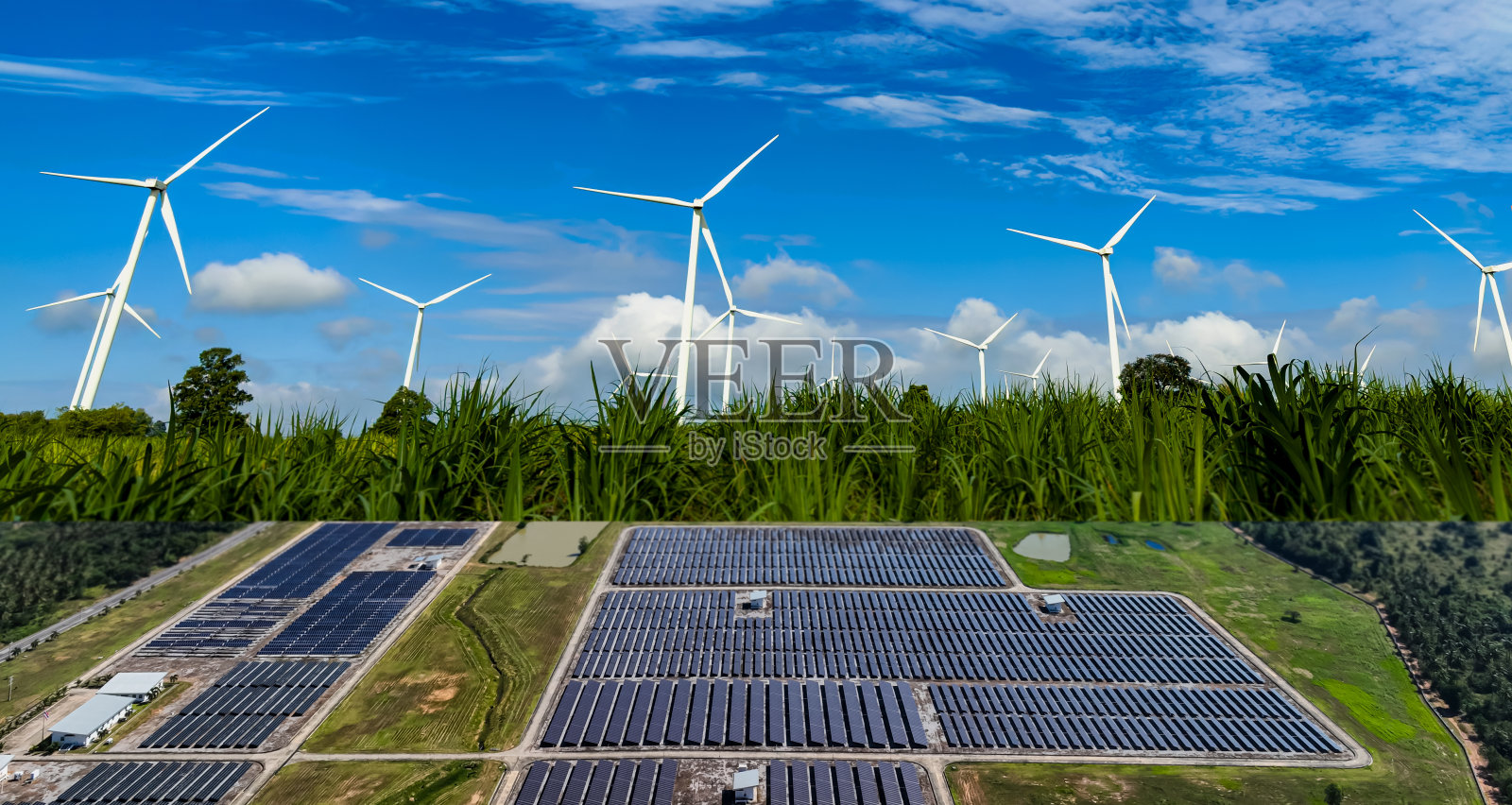风力涡轮机和太阳能电池发电与蓝天-替代可再生能源的概念照片摄影图片