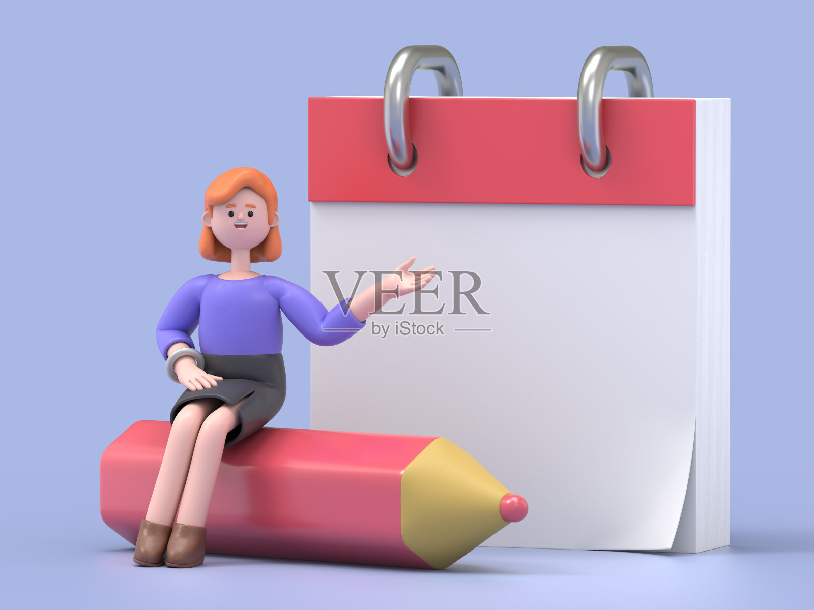 三维插图微笑的欧洲女商人艾伦-人类的性格，人用铅笔和一个空的笔记本。蓝色背景的3D渲染。照片摄影图片