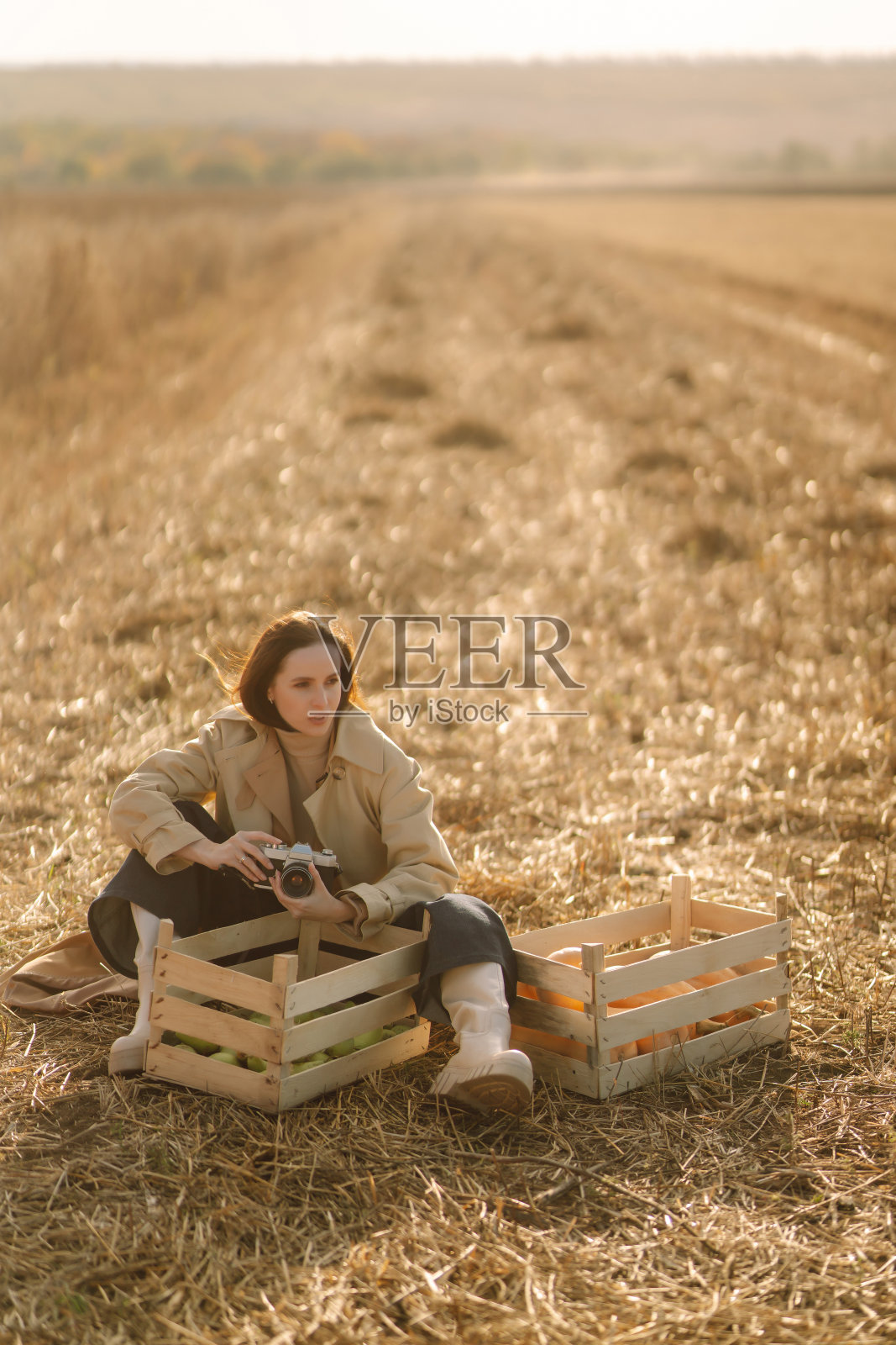 一个穿着大衣的时髦女人的肖像在秋天的田野上拍照。照片摄影图片