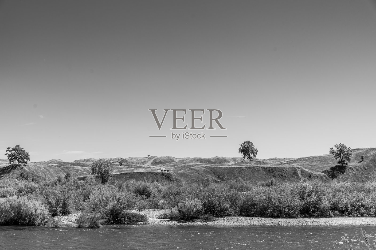 戏剧性的黑白图像河床在西卡莫尔公园在加利福尼亚中部与沙丘和山丘的背景。照片摄影图片