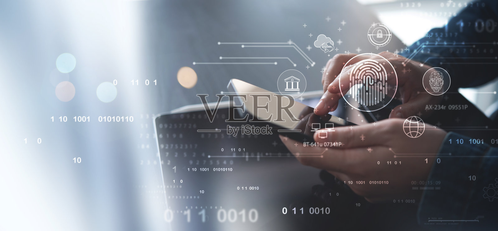 生物识别安全网络，隐私数据保护。女性手机指纹识别获取个人金融数据，手机银行app，网络安全技术照片摄影图片