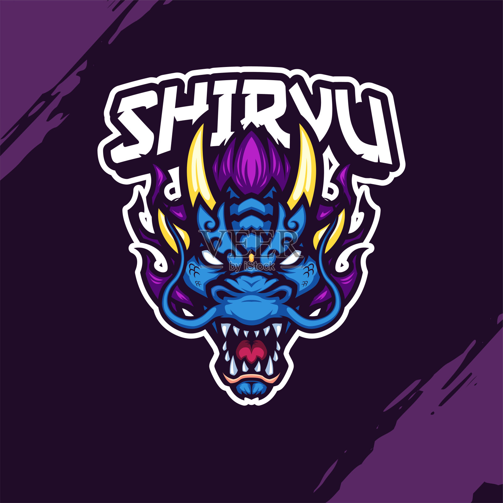 吉祥物标志:蓝色龙头，金色角和紫色鬃毛插画图片素材