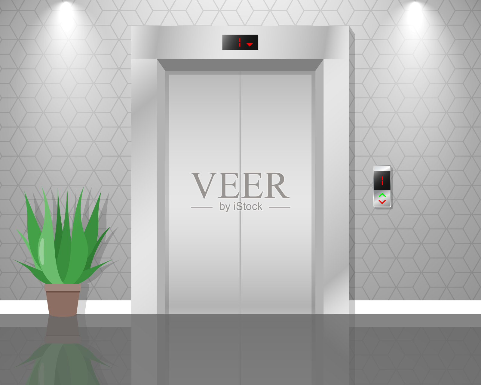 现代电梯金属轿厢门电梯门，关闭电梯轿厢入口与镀铬金属按钮面板矢量插画图片素材