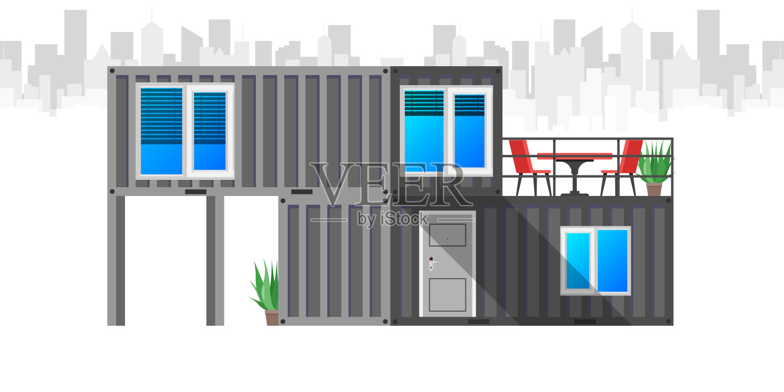 房子的黑色货物集装箱。集装箱外的大房子是船办公室的载体插画图片素材