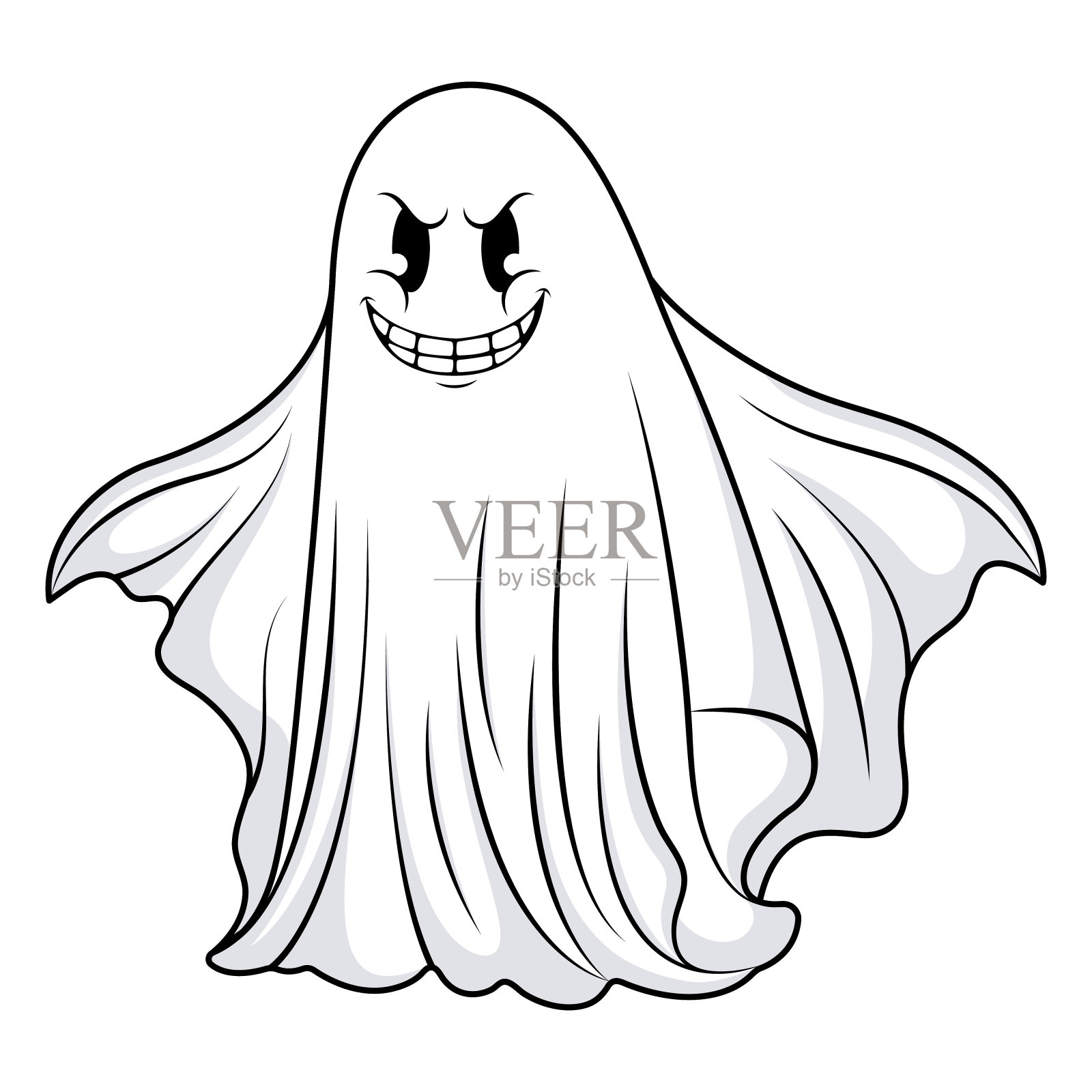 邪恶的黑白万圣节鬼魂带着邪恶的微笑。令人毛骨悚然的节日角色。孤立矢量图插画图片素材