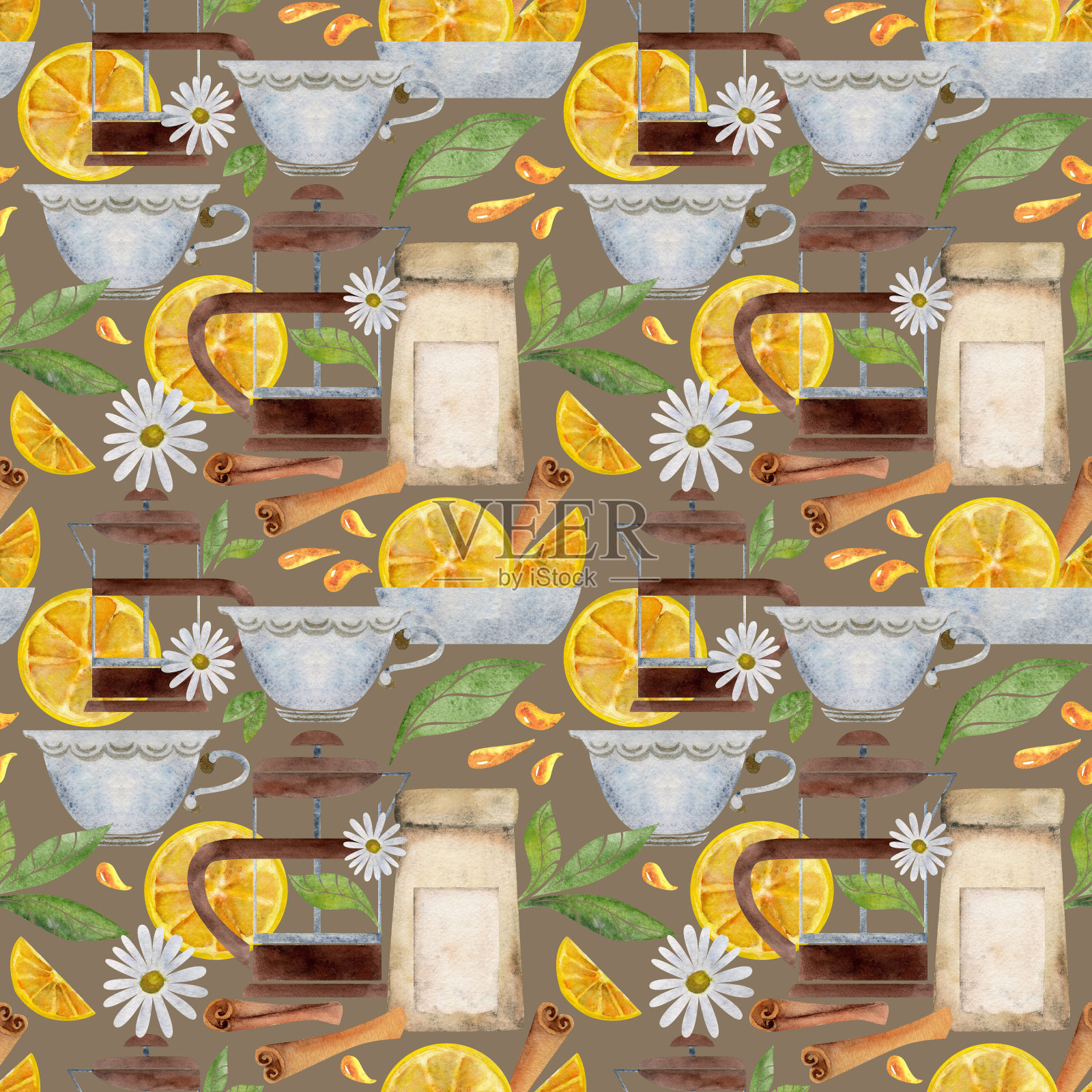 手绘水彩茶具茶柠檬土耳其玻璃陶器肉桂法国压滤机。无缝图案隔离在白色背景。用于邀请函，咖啡厅，餐厅食物菜单，打印，网站，卡片插画图片素材