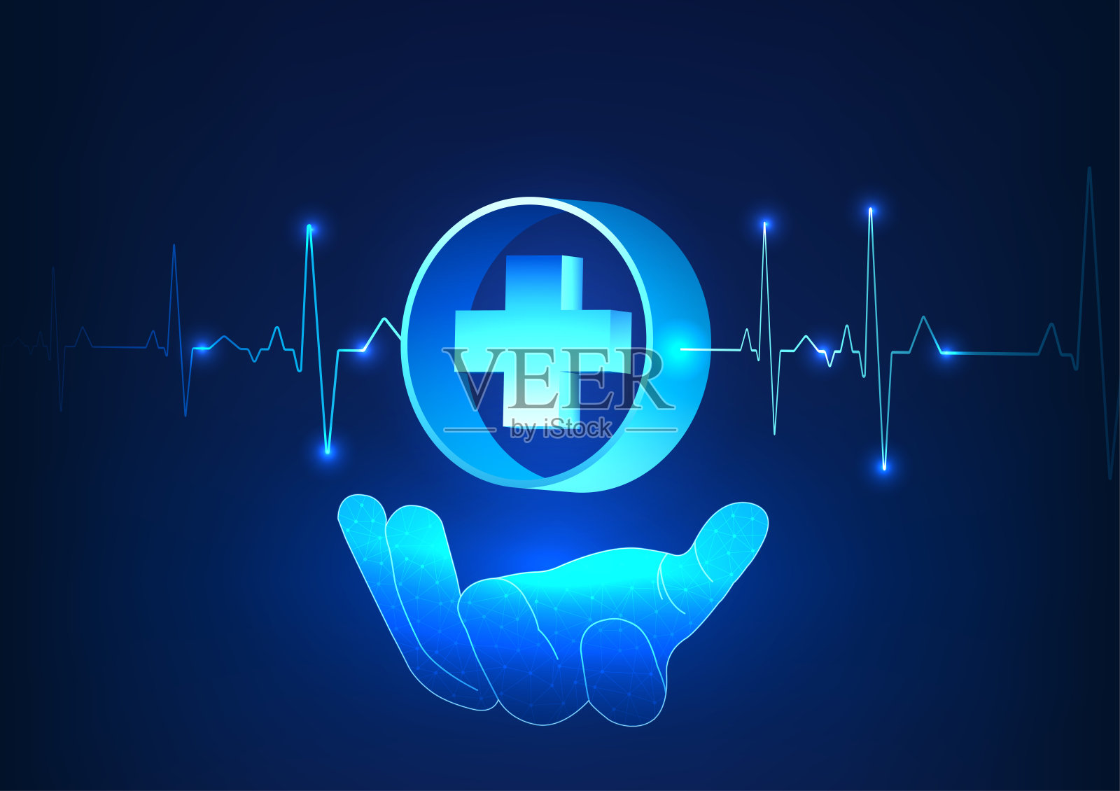 医疗技术医生握着的手医学中立在圆圈内，显示医生使用现代医疗技术治疗病人，疾病得到迅速诊断插画图片素材