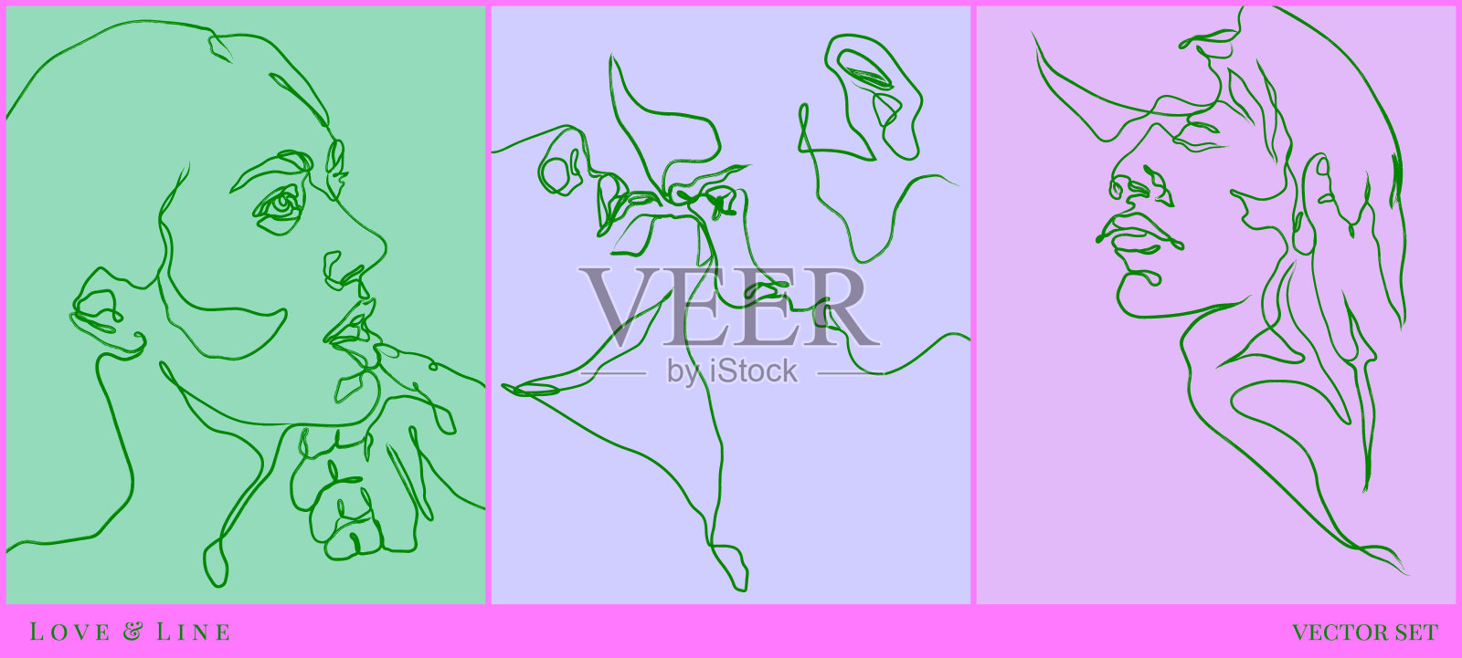 热恋中的情侣肖像。恋人的线性面孔。波西米亚海报套装插画图片素材