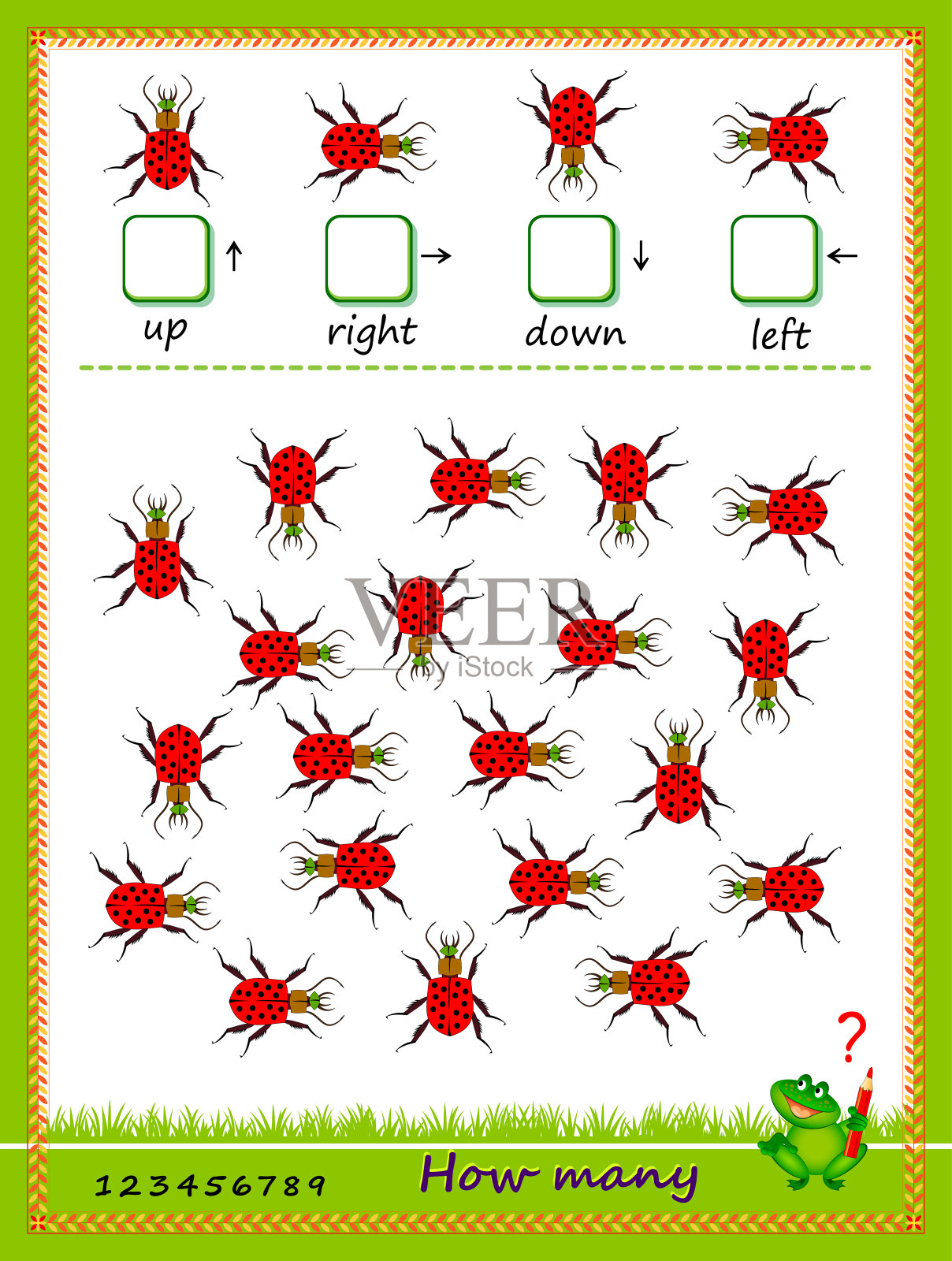 儿童数学教育。数一下在每个方向移动的甲虫的数量，并写下数字。培养孩子的计算能力。逻辑益智游戏为学校教科书。玩在线。插画图片素材