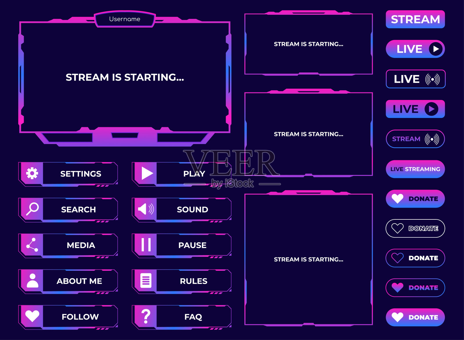 渐变色流媒体屏幕面板叠加设计模板。游戏界面流的矢量边框UI框架插画图片素材