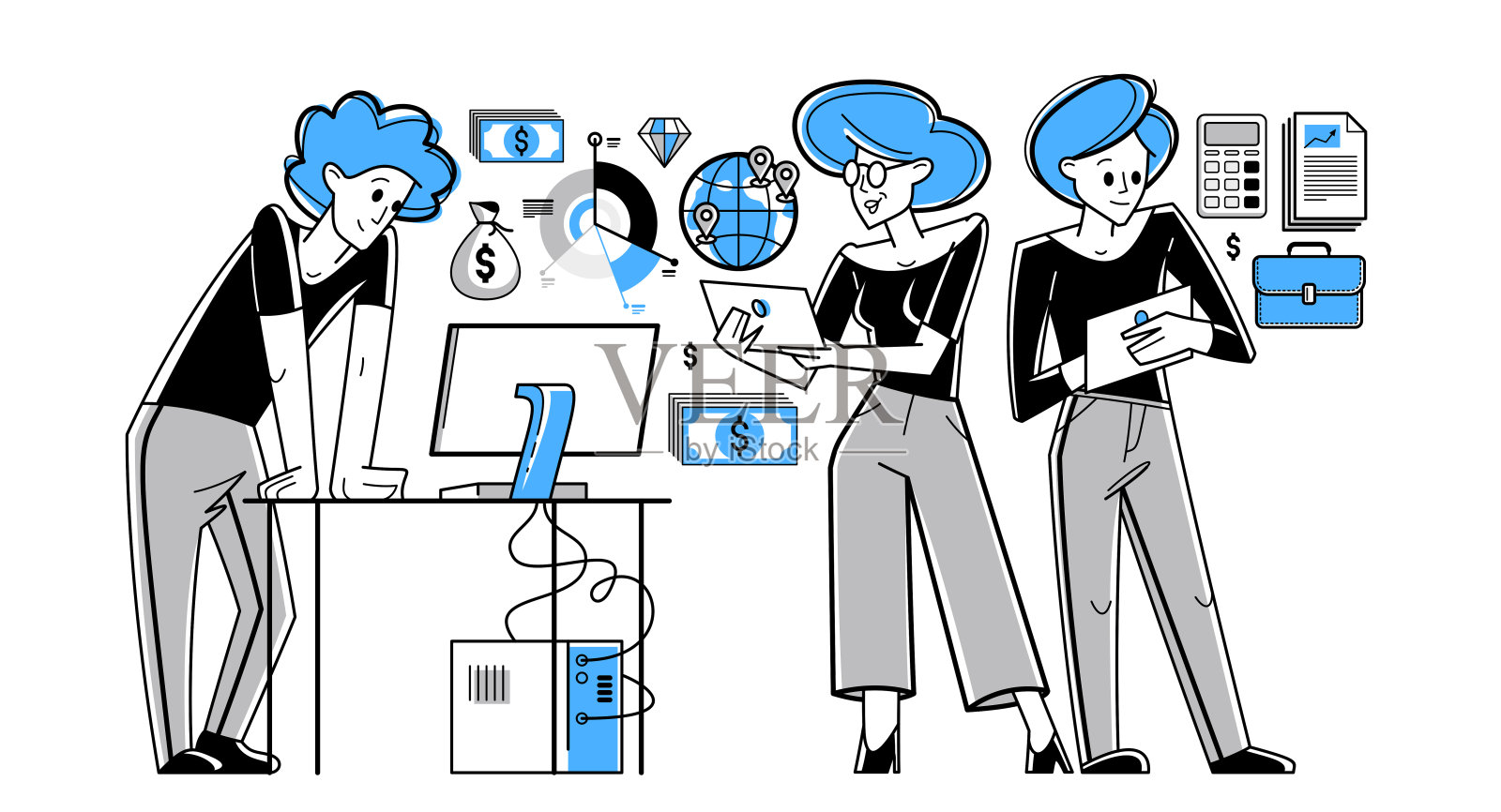 商业团队分析和组织金融交易在线矢量大纲插图，企业家团队合作，公司负责人在商业项目上工作插画图片素材