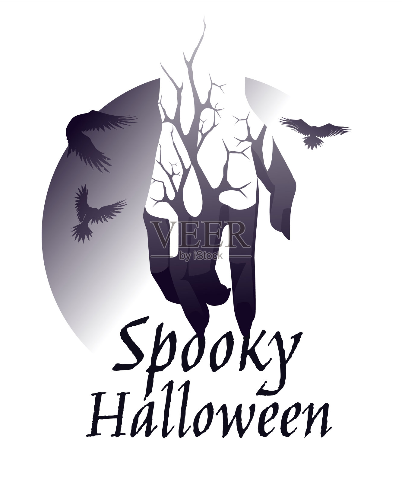 一个死人或女巫的恐怖之手抓着这些字母。乌鸦的剪影。万圣节明信片，横幅。渐变样式/矢量插图插画图片素材