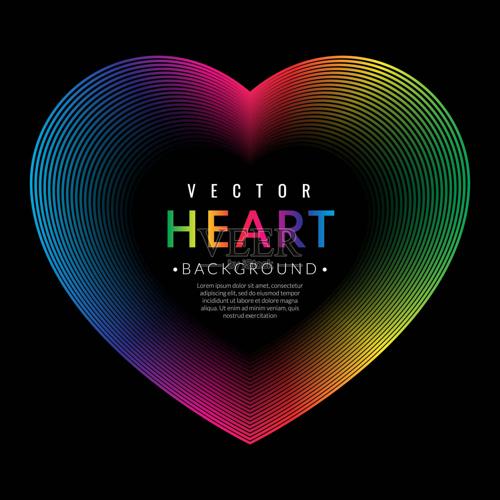 抽象渐变心，艺术线条模板背景。五颜六色的彩虹概念。图形矢量平面设计风格。插画图片素材
