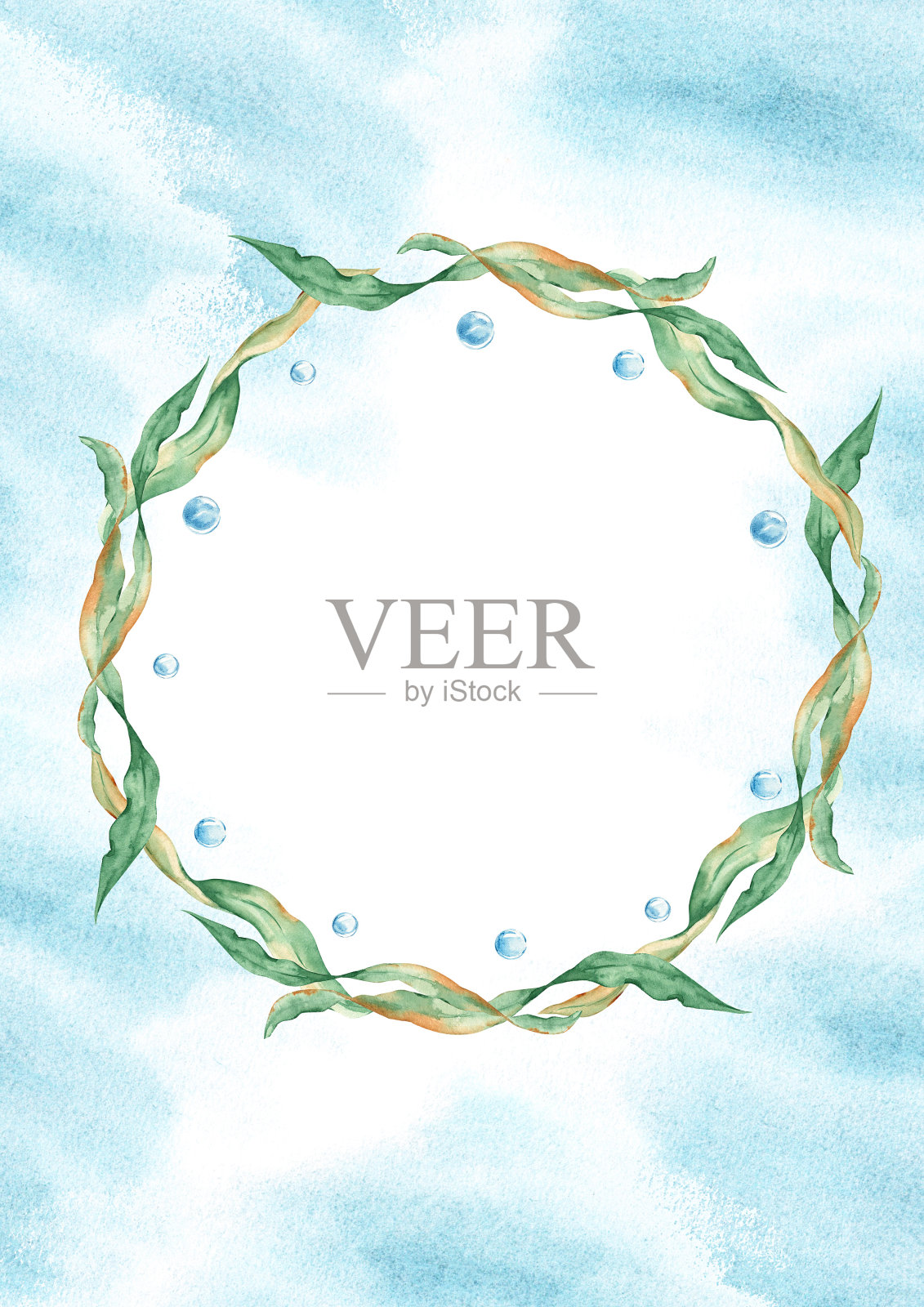 海卡片模板与海花环，可爱的鱼，海藻，贝壳和水泡。海洋的设计。手绘水彩插图。对于保存日期，问候孩子生日卡，海报，婴儿送礼会。插画图片素材