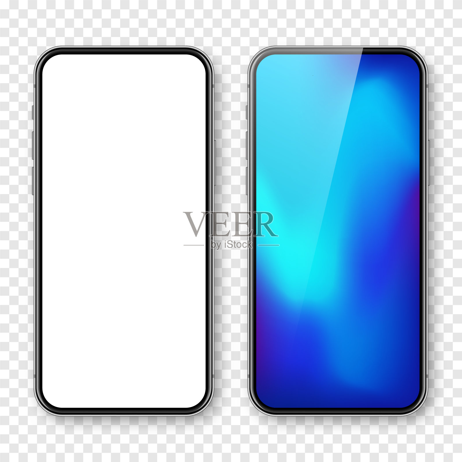 智能手机与空白触摸屏和抽象彩色背景，壁纸。前视图无框手机。高质量的详细设备模型。矢量图插画图片素材