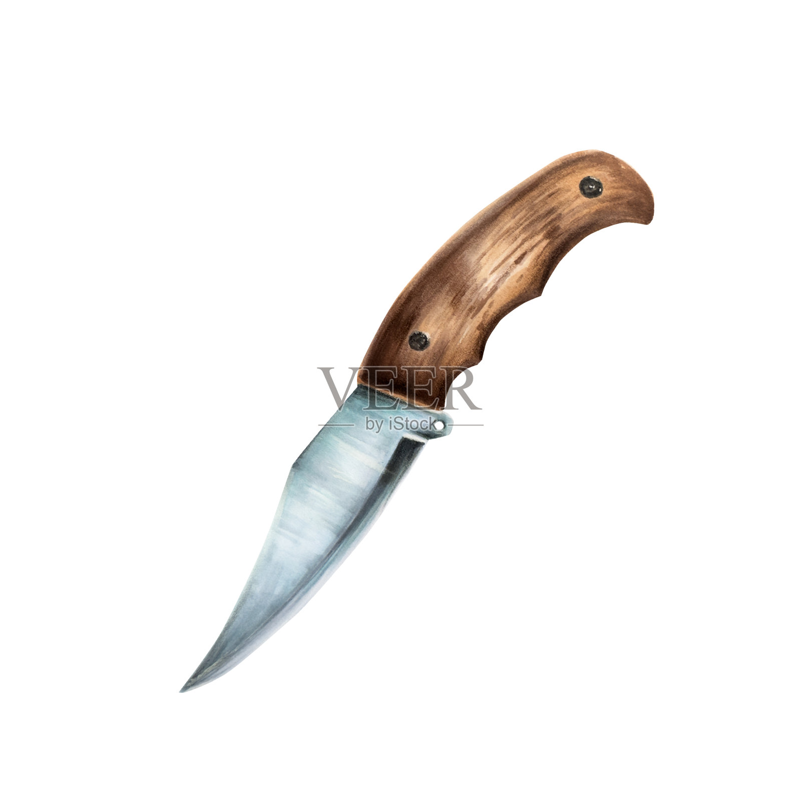 木柄水彩野营和烹饪刀插画。用于休闲旅游和探险的设备，隔离在白色背景上。剪贴艺术的设计师，旅游业务，明信片，剪贴簿，封面，邀请，海报和纺织品插画图片素材