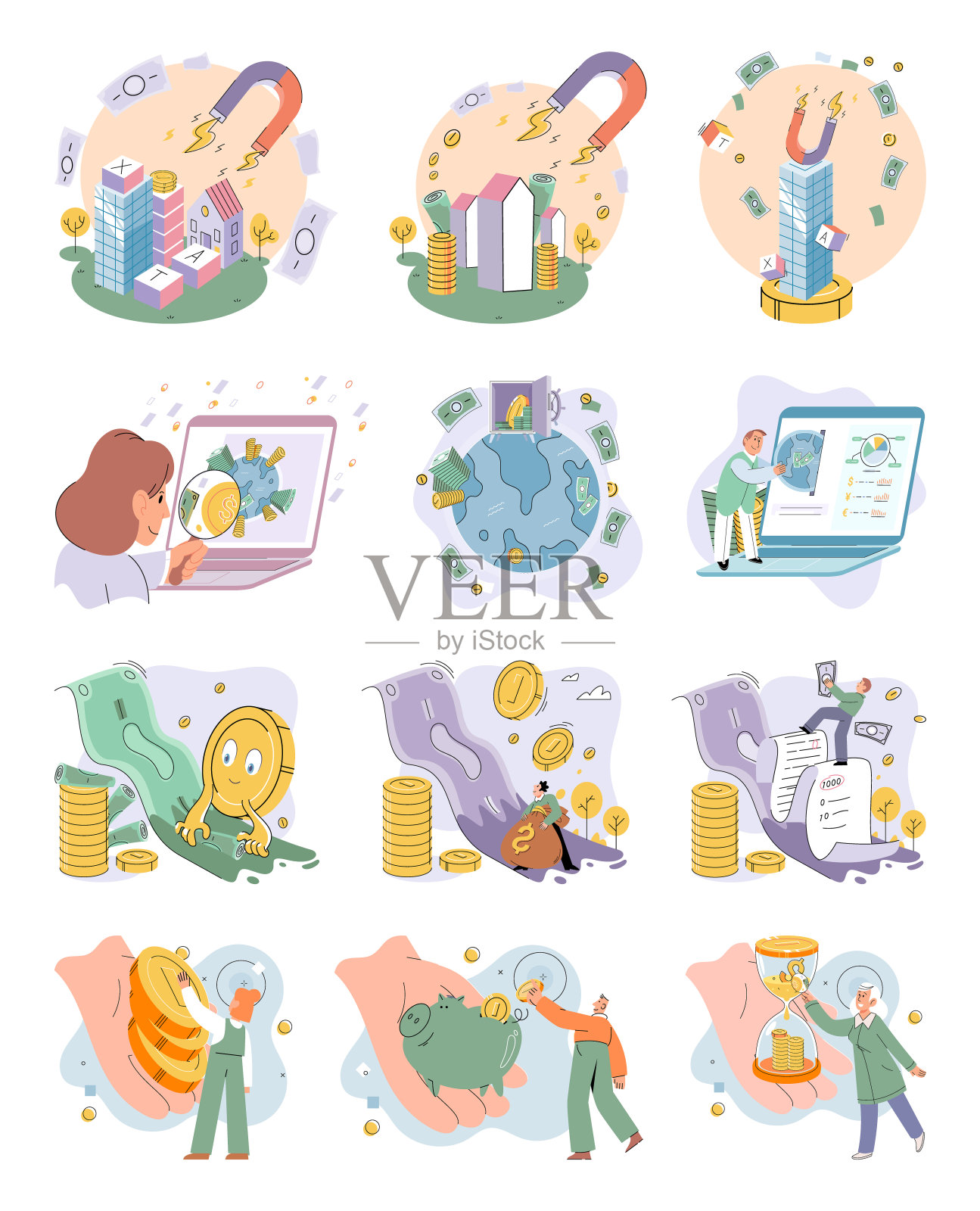 金币堆，磁铁和钱。金融素养隐喻被动收入向量集插画图片素材