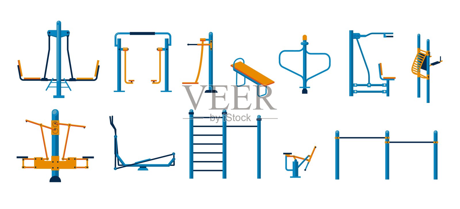 户外健身器材。公园、操场、街道健身器材。卡通健身健身机和积极的生活方式理念插画图片素材