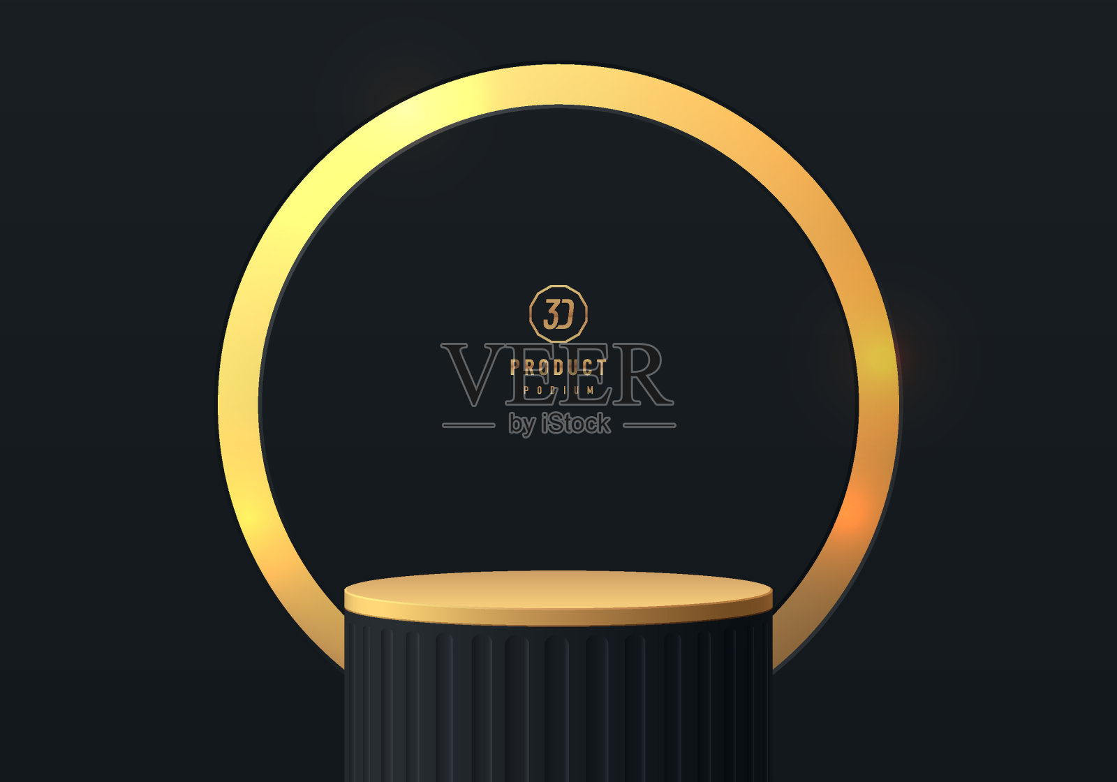 3D讲台背景。黑色圆柱底座与黑色墙壁场景的金色戒指。“黑色星期五”。平台模型产品展示演示。简约设计中的抽象构图。舞台展示。插画图片素材