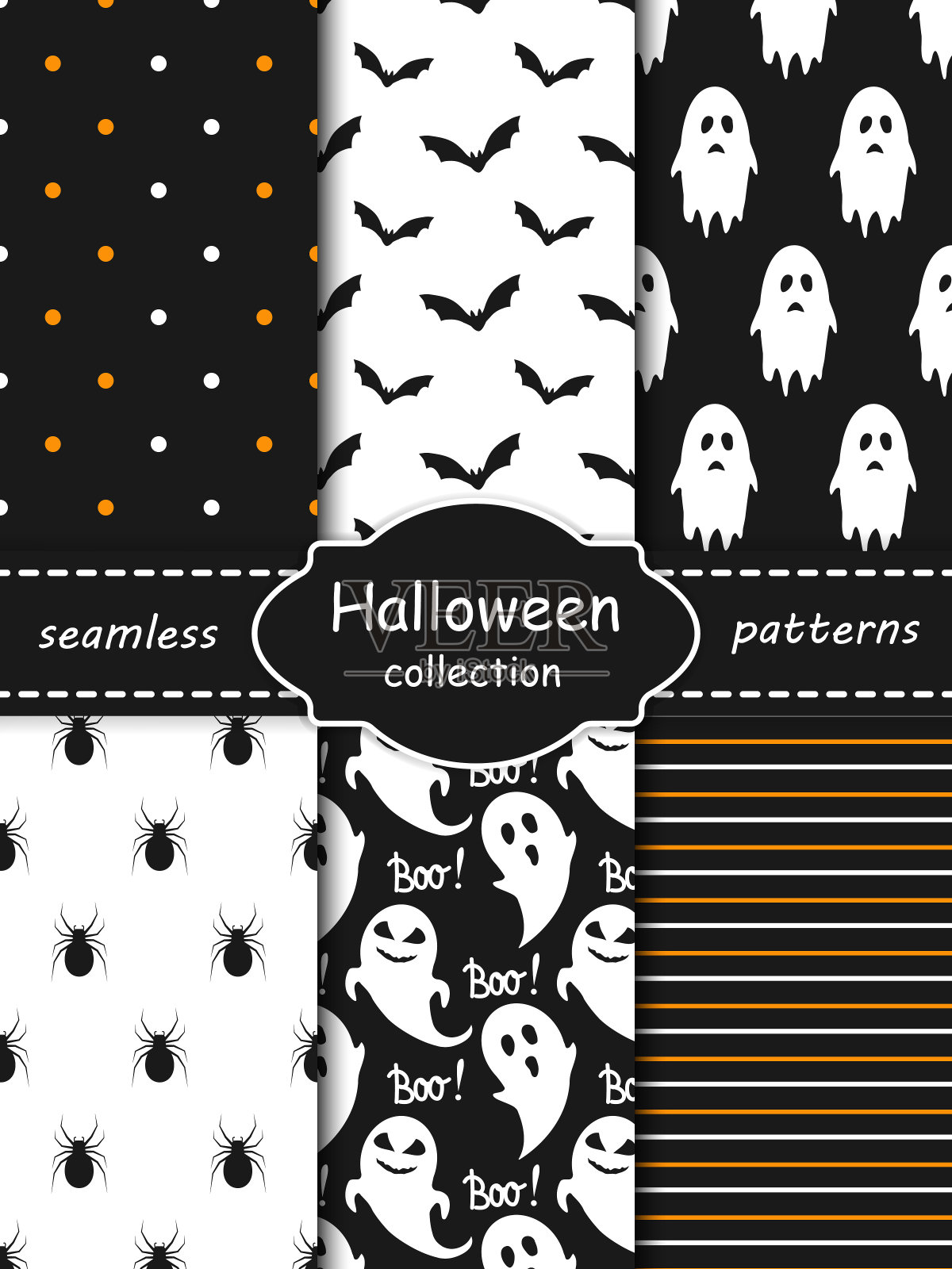万圣节无缝图案集。鬼，蝙蝠，圆点，蜘蛛，条纹背景收集插画图片素材