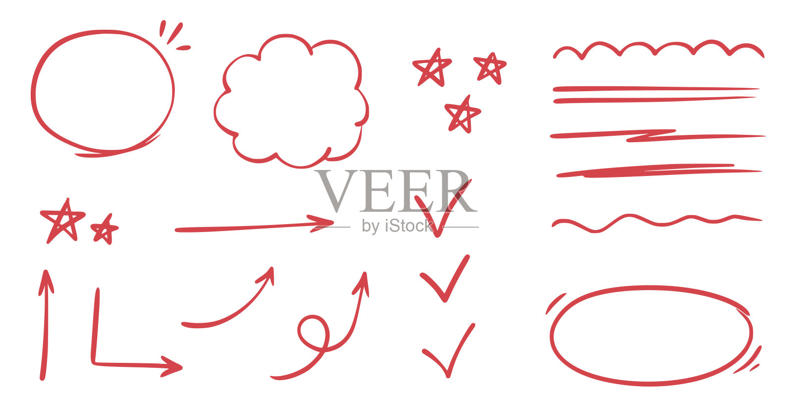 红线、勾号、下划线、圆圈。手绘涂鸦素描红色标记笔画强调，高亮，检查标记元素。学习重点，重要划线，圆圈素描。向量插画图片素材