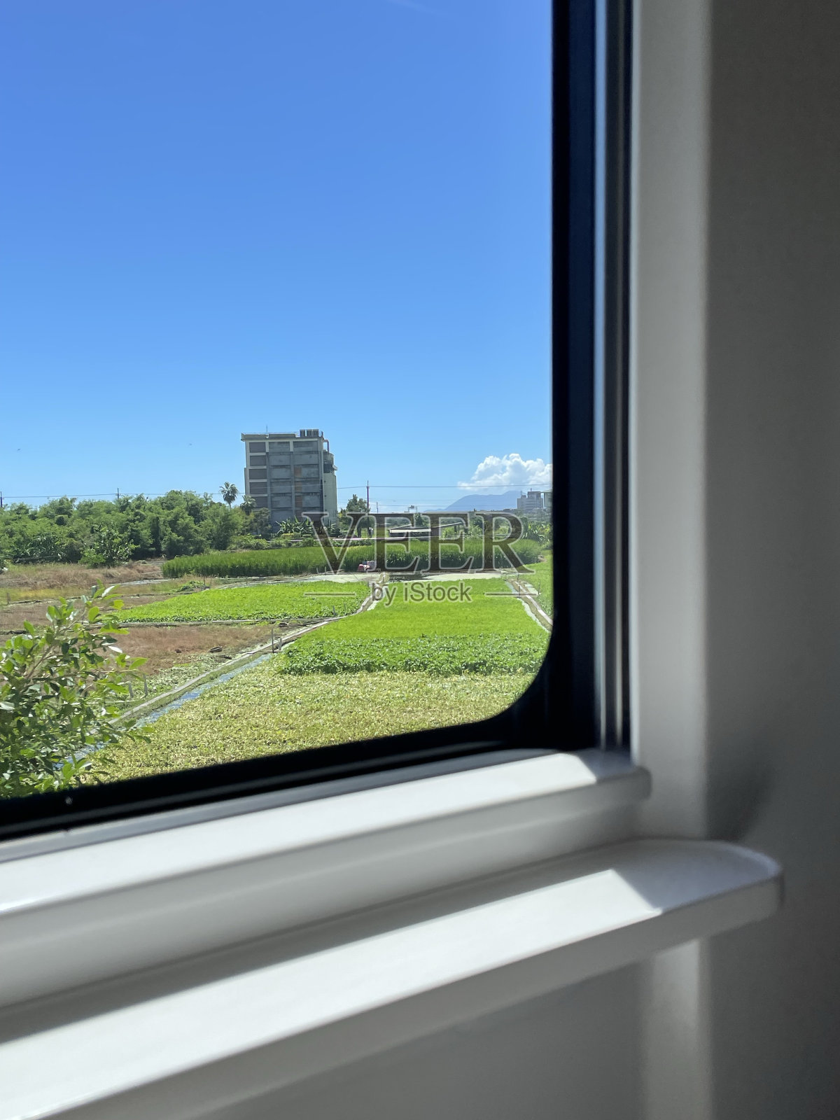 台湾的火车窗、风景窗、建筑物窗。蔚蓝的天空照片摄影图片