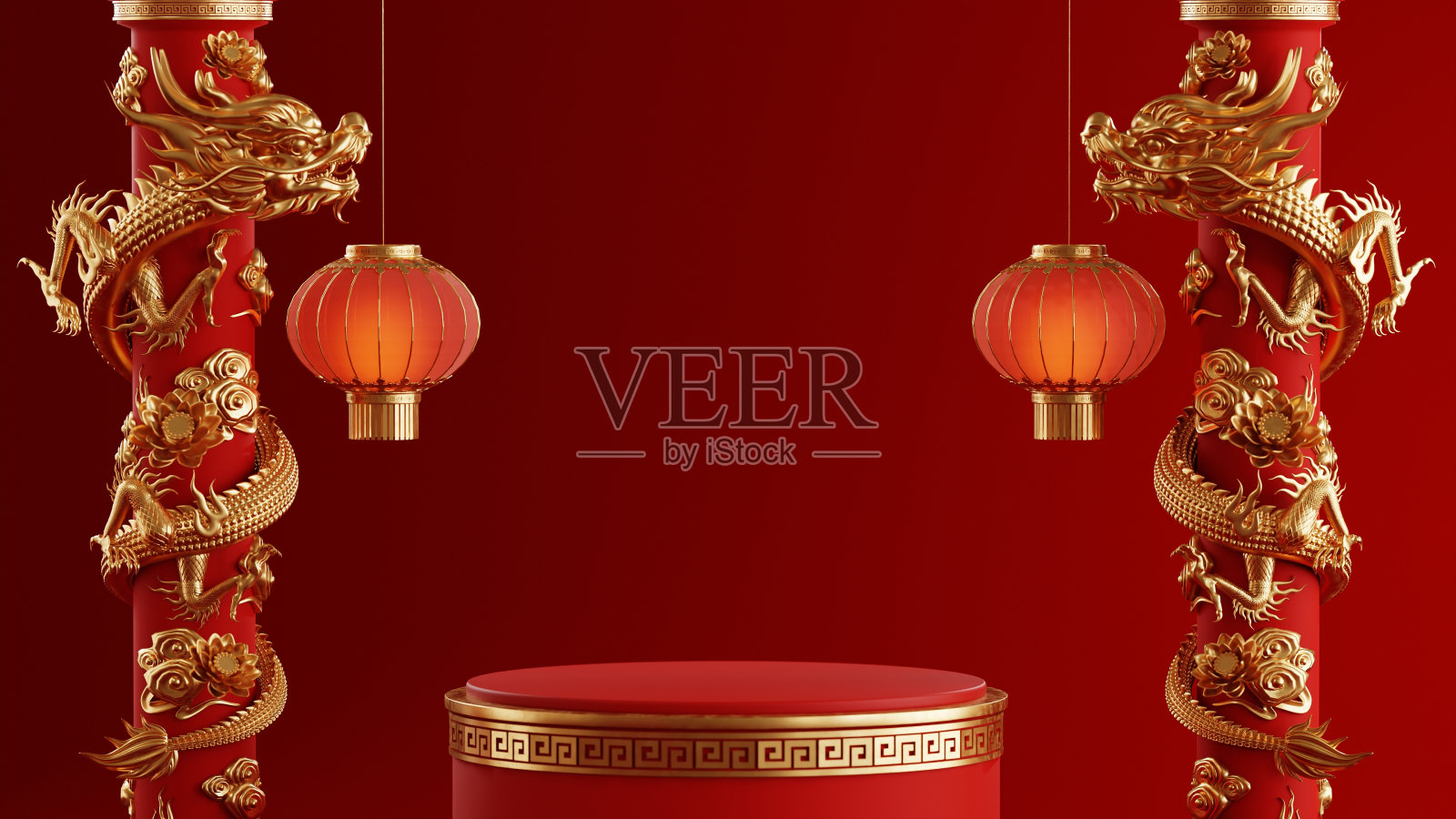 3d渲染台台圆台台台和纸艺中国新年，中国节日，中秋节，红色和金色，花卉和亚洲元素为背景。照片摄影图片