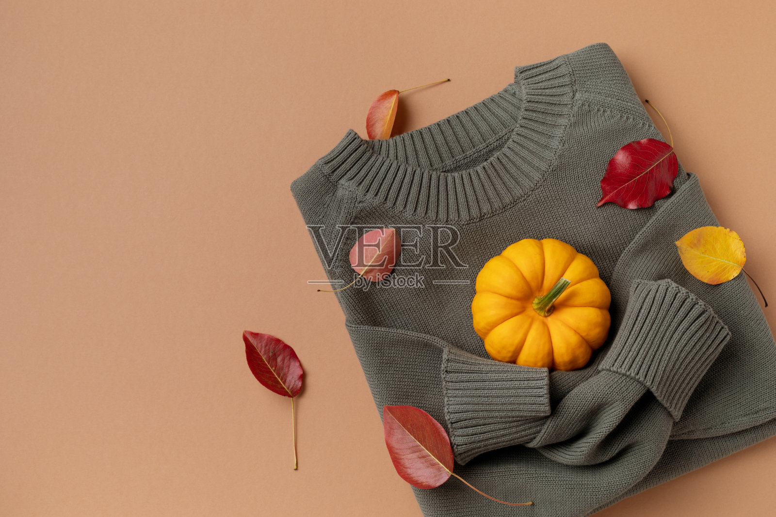 秋天的感恩节假期背景从针织毛衣与南瓜和干树叶树叶顶视图。丰收、秋天和万圣节的概念。照片摄影图片