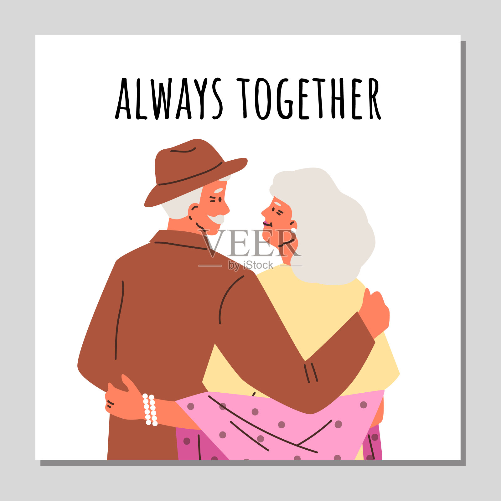 老夫妇拥抱，总是在一起题词，海报平面矢量插图。快乐的老人和女人在浪漫的约会或蜜月。爱情和情人节的概念。插画图片素材