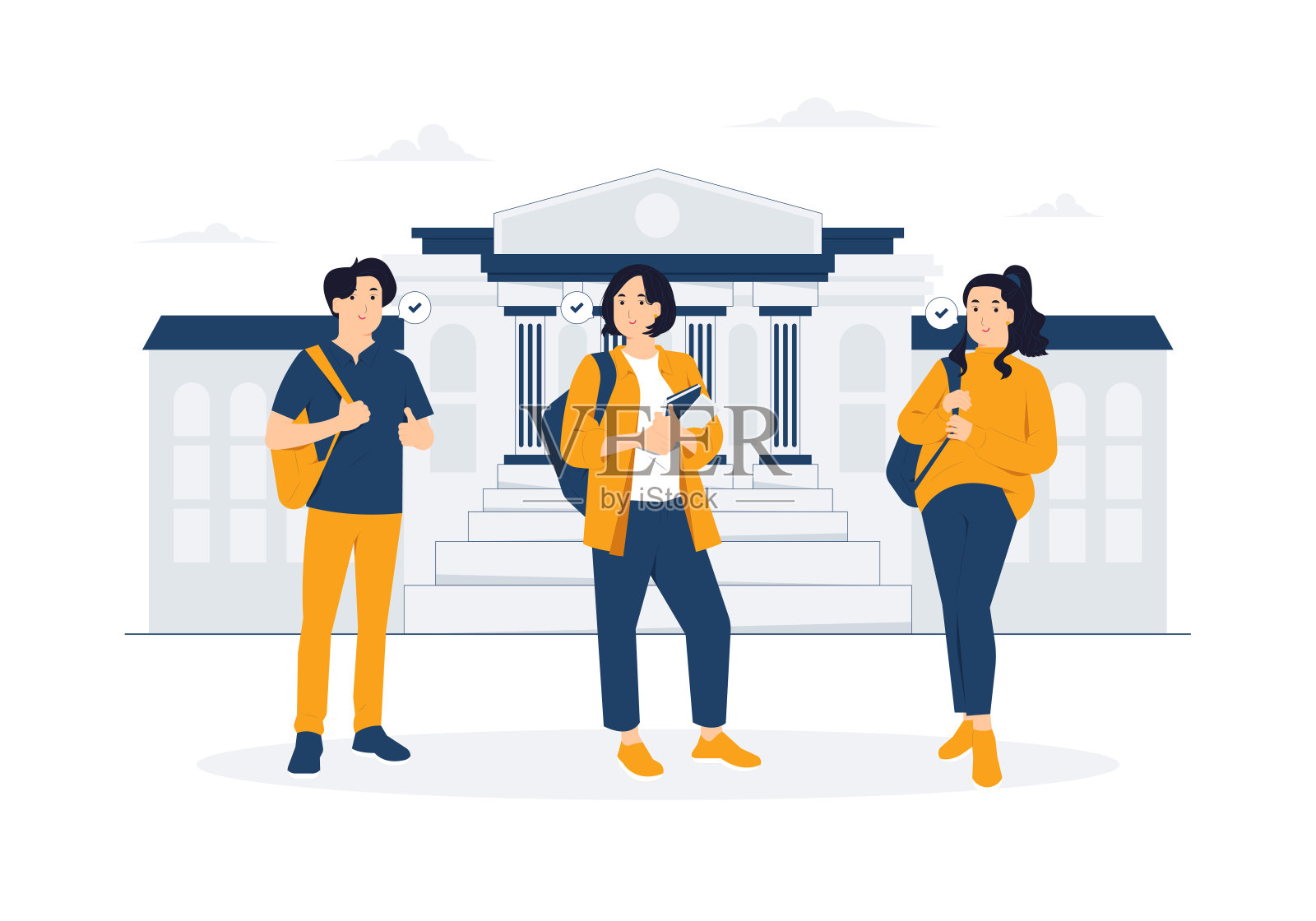 大学生，大学，学校，教育，一群快乐的年轻学生站在一起的书和包的概念插图插画图片素材