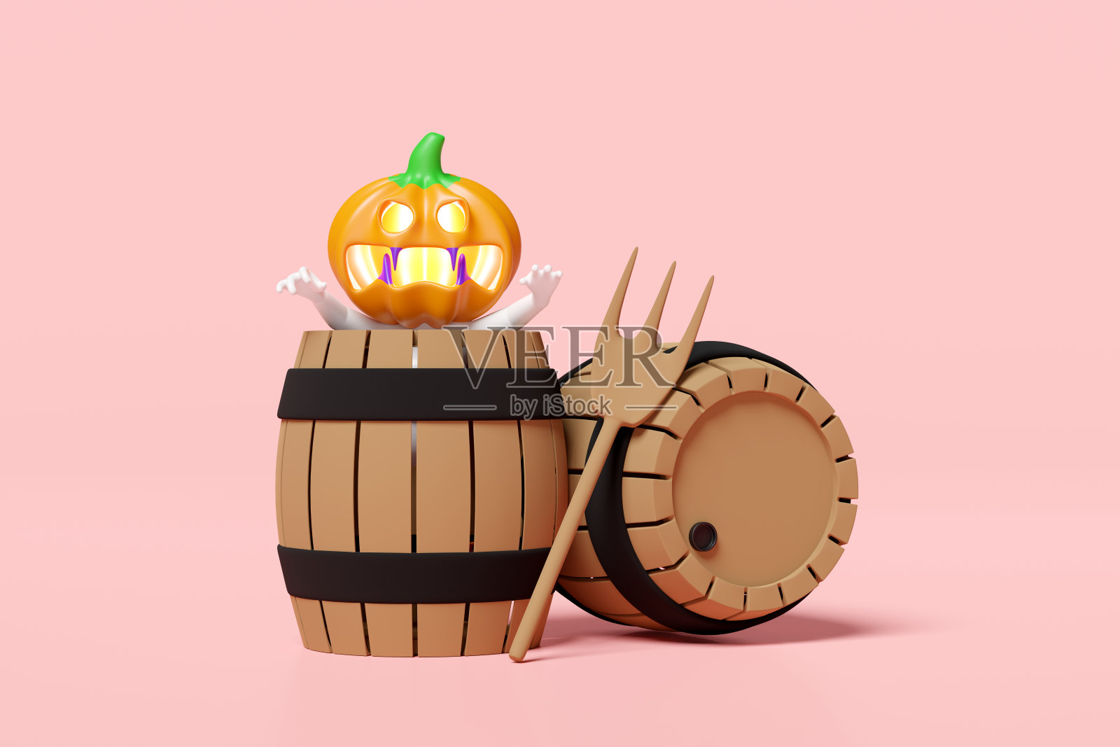 3D万圣节派对：南瓜头男子在木桶中，粉色背景3D渲染照片摄影图片
