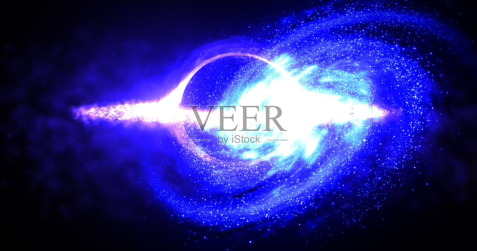 明亮的黑洞在开放空间与旋转的能量粒子，宇宙球在蓝色和紫色发光的抽象背景照片摄影图片