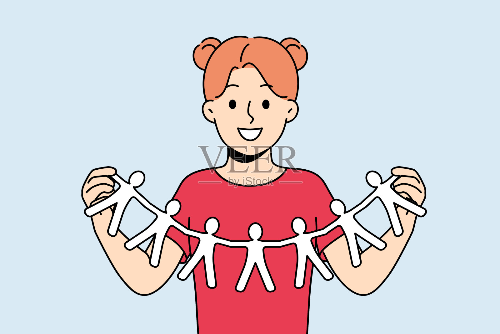 小女孩呼吁团结和合作，展示纸人手牵手插画图片素材