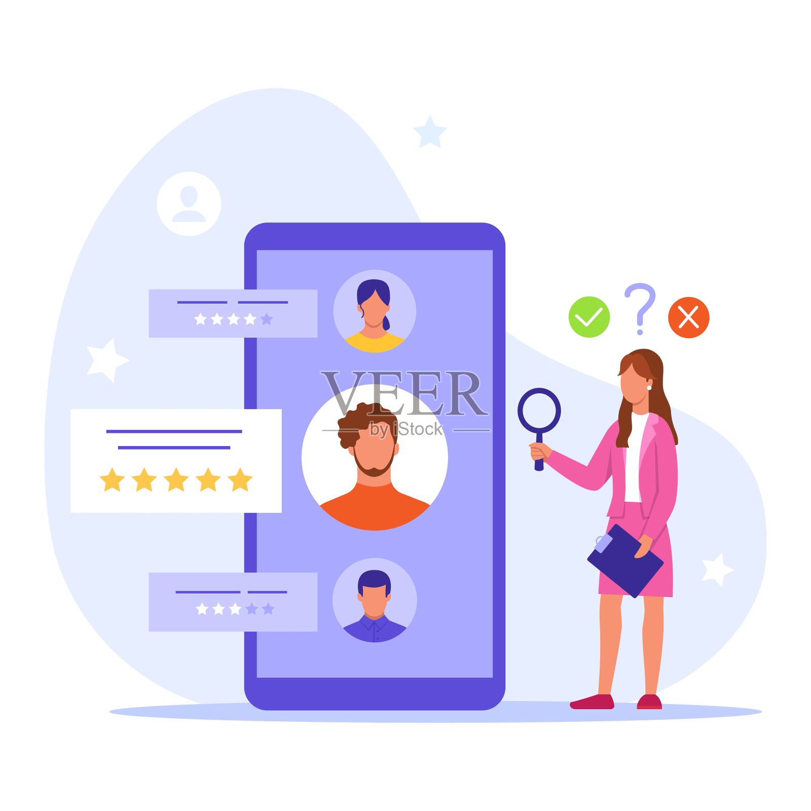 求职者选择的矢量图。卡通场景，一个女孩拿着放大镜，站在智能手机旁边，选择评价好的人来雇佣他们。插画图片素材